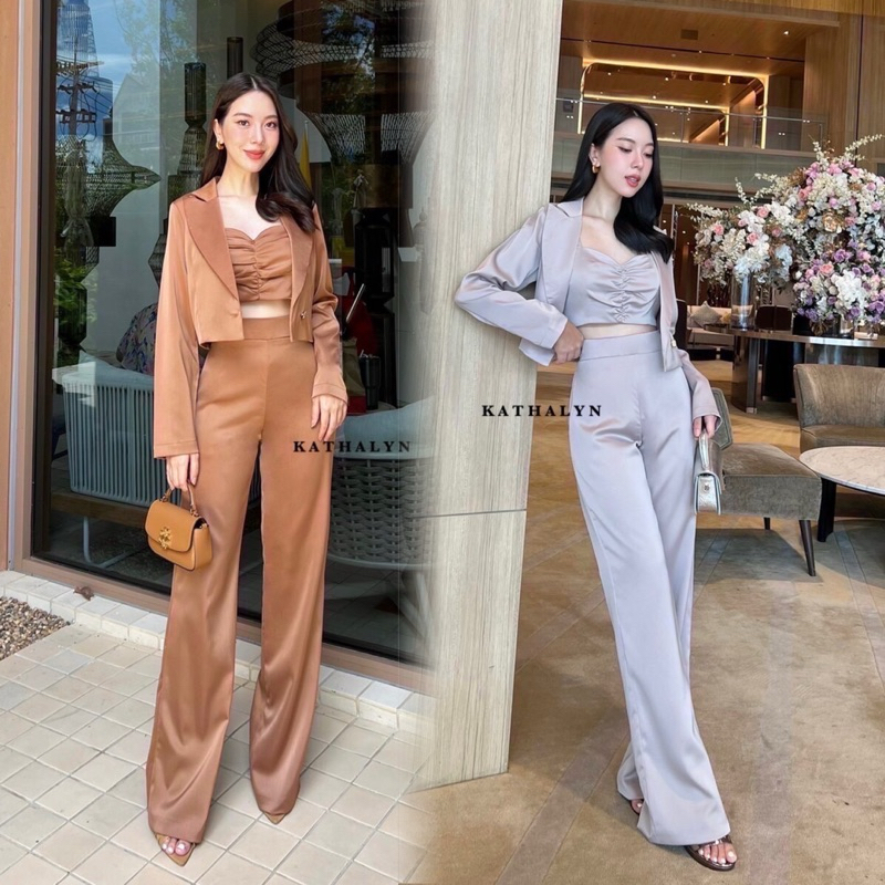 Set 3เสื้อครอปสายเดี่ยว + เสื้อครอปสั้นทรงสูท +กางเกงขายาว ::KATHALYN