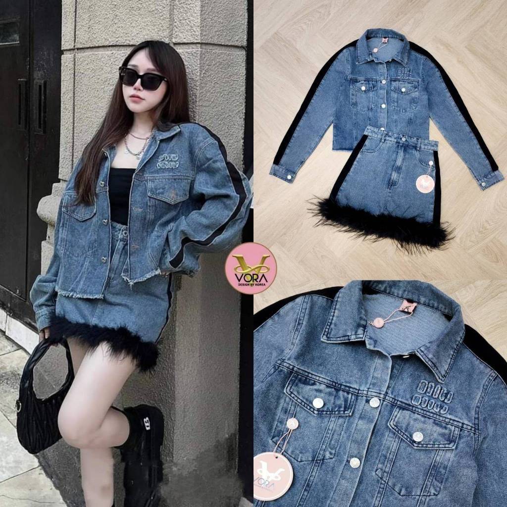 VORA Set เสื้อแจ็คเก็ต​ยีนส์ แขนยาว ปักลายช่วงอก แต่งกระเป๋าด้านหน้า