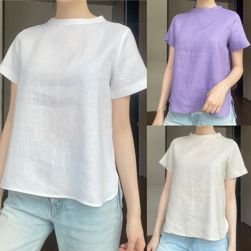 P7เสื้อลินินคอกลมแขนสั้นซิปหลังสีพื้นสวยๆ