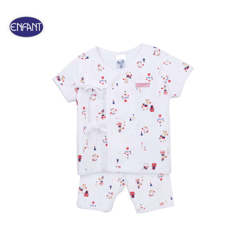 ENFANT (อองฟองต์) เสื้อป้ายผูกแขนสั้น+กางเกงขาสามส่วน สำหรับเด็ก 0-3 เดือน คอลเล็กชั่น เรนเดียร์ ผ้าคอตตอน 100% สีขาว