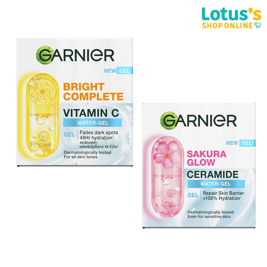 การ์นิเย่ ไบรท์ คอมพลีท วิตามินซี และ ซากุระ โกลว์ เซราไมด์ วอเตอร์-เจล 50 มล. GARNIER BRIGHT COMPLETE VITAMIN C