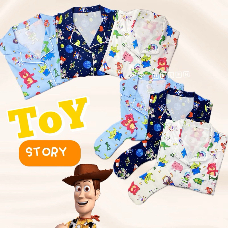 ชุดนอนไหมเกาหลีลายการ์ตูนแถมฟรีผ้าปิดตา -TOY STORY เเขนสั้น-ขาสั้น @FFREE SIZE & BIG SIZE-Helenpajamas