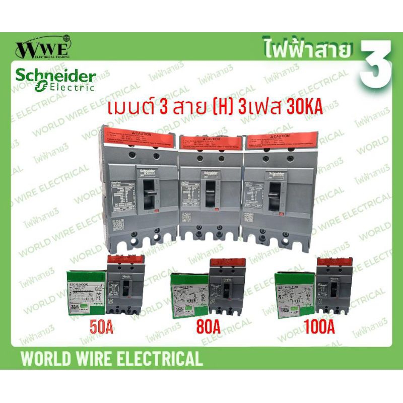 Schneider SQUARE-D เมนต์ 3 สาย (H) 3เฟส 30KA มีรุ่น 50A(EZC100H3050), 80A(EZC100H3080), 100A(EZC100H