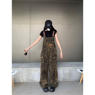 ชุดเอี๊ยมกางเกง กางเกงยีนส์ ลายเสือ สไตล์วินเทจ กระเป๋าหลายใ…