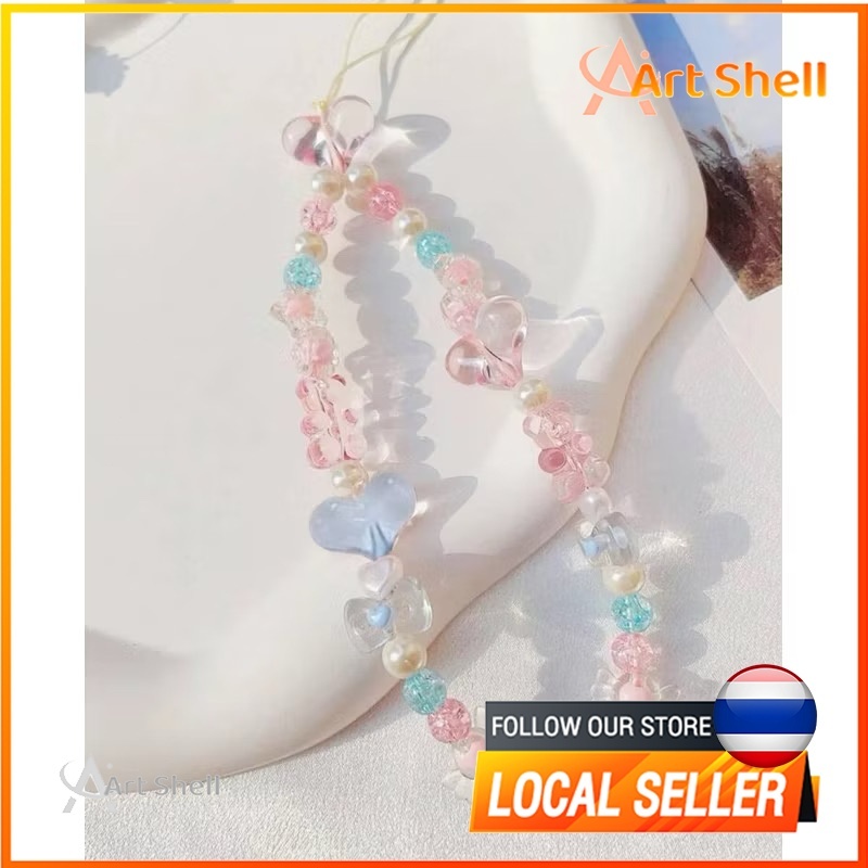 เคสแขวนโซ่โทรศัพท์อย่างสร้างสรรค์เคสเชือกห่วงโซ่ตกแต่งสไตล์ผู้หญิง Ins ลูกปัดน่ารักผีเสื้อผทำมือคริสตัลลูกอมสีจี้พลาสติก