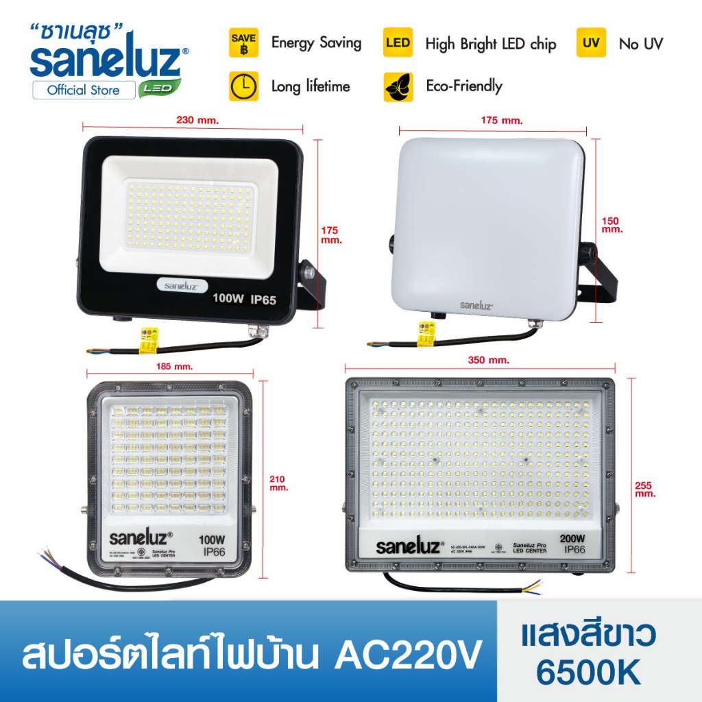 Saneluz สปอร์ตไลท์ LED รุ่น EC ขนาด 50W 100W 150W 200W แสงสีขาว ฟลัดไลท์ ใช้ไฟบ้าน 220V IP65 รับประก