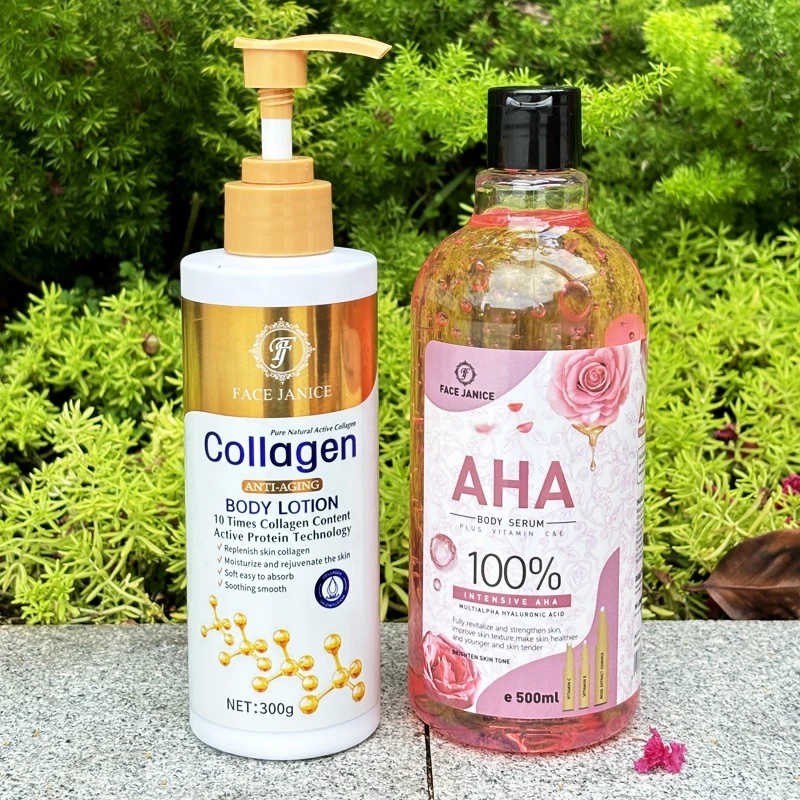 AHA Body serum เซรั่มบำรุงผิวกายกุหลาบ100% 500ml+ FACE JANICEโลชั่นคอลลาเจนทองคำ โลชั่นผิวขาว300ml