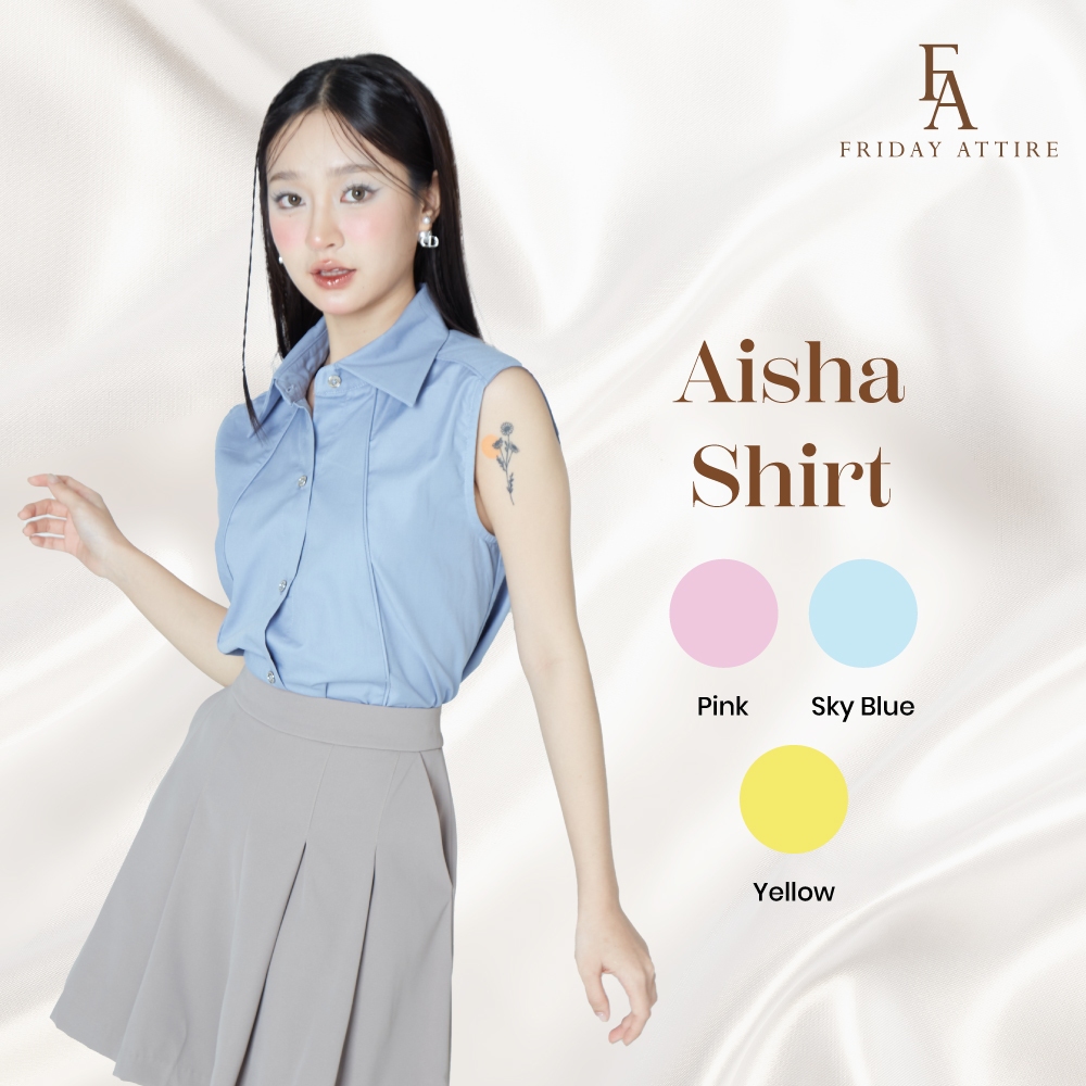 Friday attire เสื้อเชิ้ตแขนกุดตัดต่อแต่งกุ้น (FT-074)