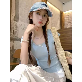 🚚พร้อมส่งจากกทม 🌼เสื้อยืดแขนสั้นคอกลมลายลูกไม้สีขาวสำหรับผู้หญิง🌸เสื้อยืดสีทึบY2Kเสื้อครอปทรงเข้ารูป