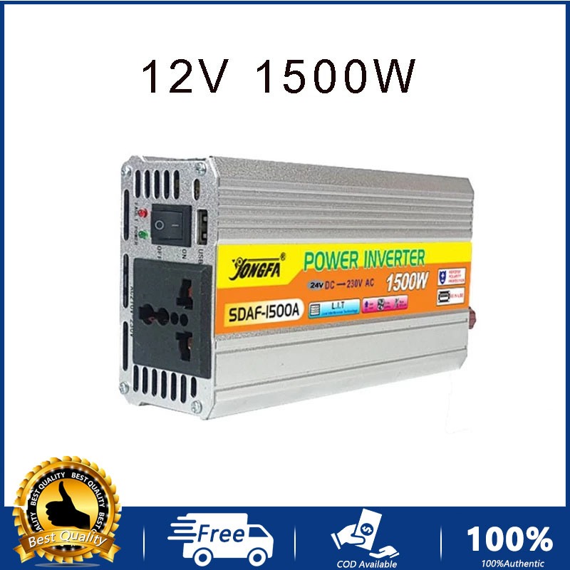 อินเวอร์เตอร์ 12V 1500W เครื่องแปลงไฟรถเป็นไฟบ้าน ตัวแปลงไฟรถ ใช้อุปกรณ์ไฟบ้านได้ในรถ DC 12V to AC 220V 220W