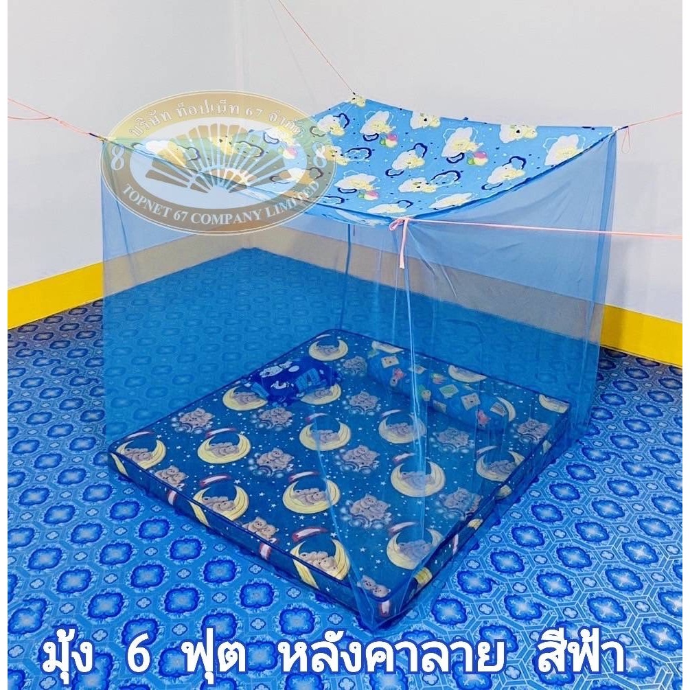 มุ้ง 6 ฟุต หลังคาลาย เนื้อผ้าพริกไทย ตาถี่ นอนได้ 2-3 คน