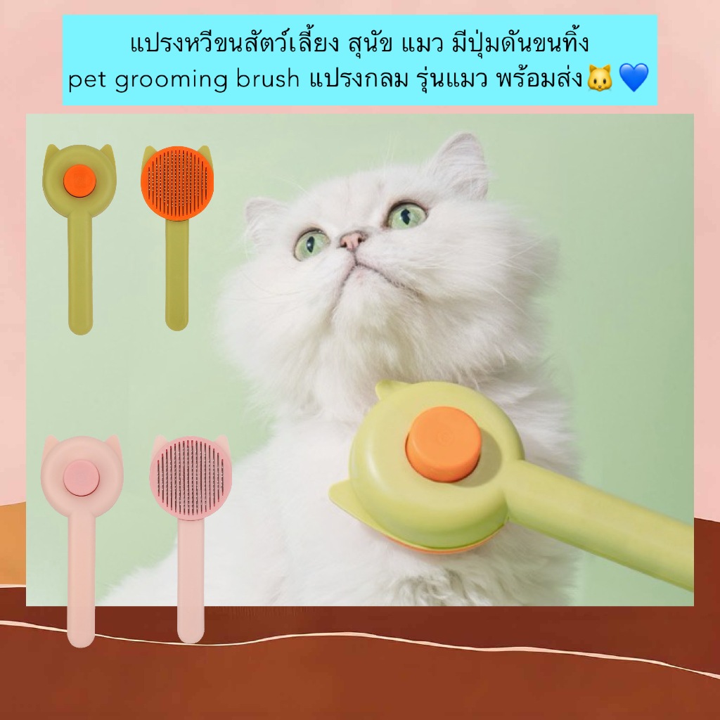 PP-589 แปรงหวีขนสัตว์เลี้ยง สุนัข แมว มีปุ่มดันขนทิ้ง pet grooming brush แปรงกลม รุ่นแมว พร้อมส่ง