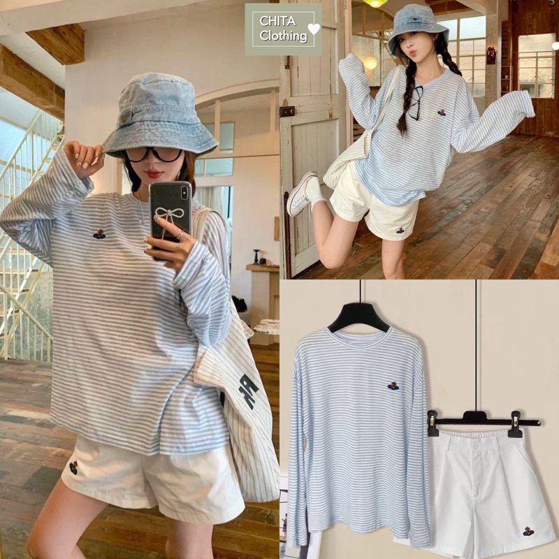 • Set 2 ชิ้น วิเวียน เสื้อลายริ้วโทนสีฟ้ามาพร้อมกางเกงขาสั้นสีขาว