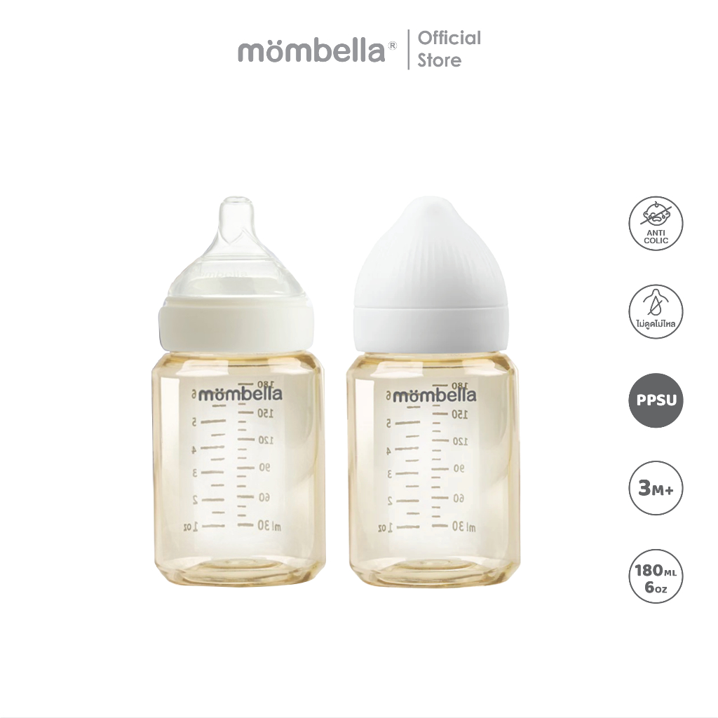 Mombella ขวดนม Classic PPSU พร้อมจุกนมป้องกันโคลิก เหมาะสำหรับทารกอายุ 3-6 เดือน ขนาด 6 ออนซ์ (180 มล.)