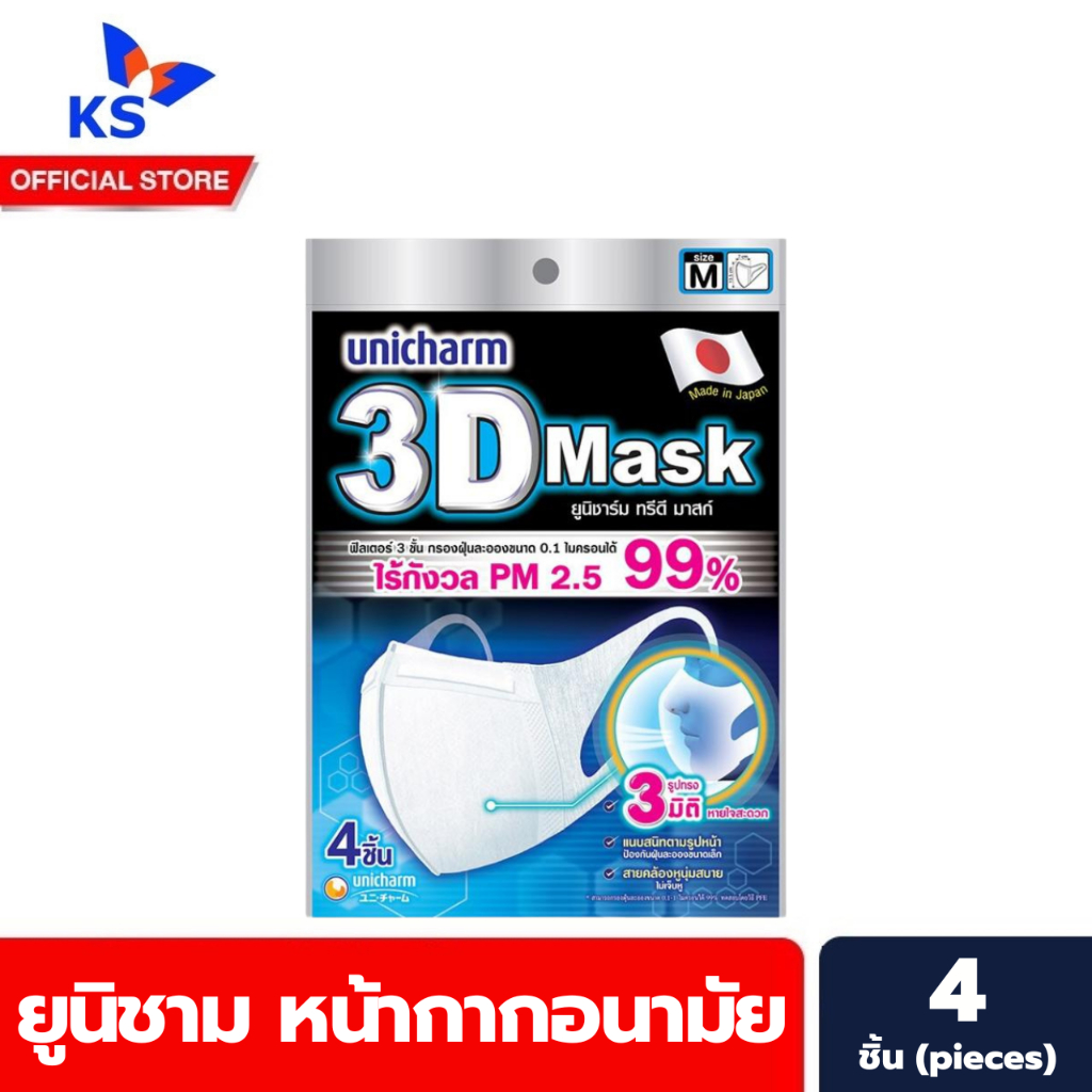 Unicharm 3D Mask M 4 ชิ้น หน้ากากอนามัย ป้องกันฝุ่น n95 PM2.5 มี 2 ขนาด แบบคล้องหู (5676)