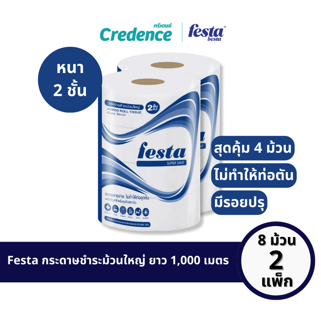 [ออก Etaxได้][Set 2 แพ็ก] Festa Super Save : กระดาษชำระม้วนใหญ่ IR ยาว 250 เมตร 4 ม้วน/แพ็ก (10537)