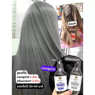 Martina ชุดทำสีเทา แชมพูม่วง + ครีมนวดเทา ขนาดกลาง ชุดละ400ml. (ขวดละ 200ml. / 2 ขวด)