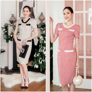 PD304 Charming Dress เดรสผ้า tweed คอกลม แขนสั้น กระโปรงเข้า…