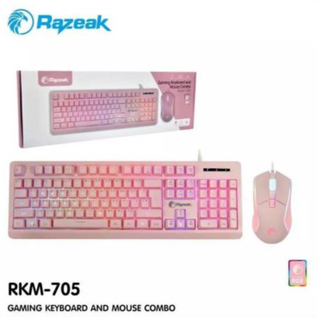 คีย์บอร์ดเกมมิ่ง RAZEAK RKM-705 Pink คีบอร์ดมีไฟ เมาส์มีไฟ ชุดเมาส์คีบอร์ด Keyboard Mouse Combo