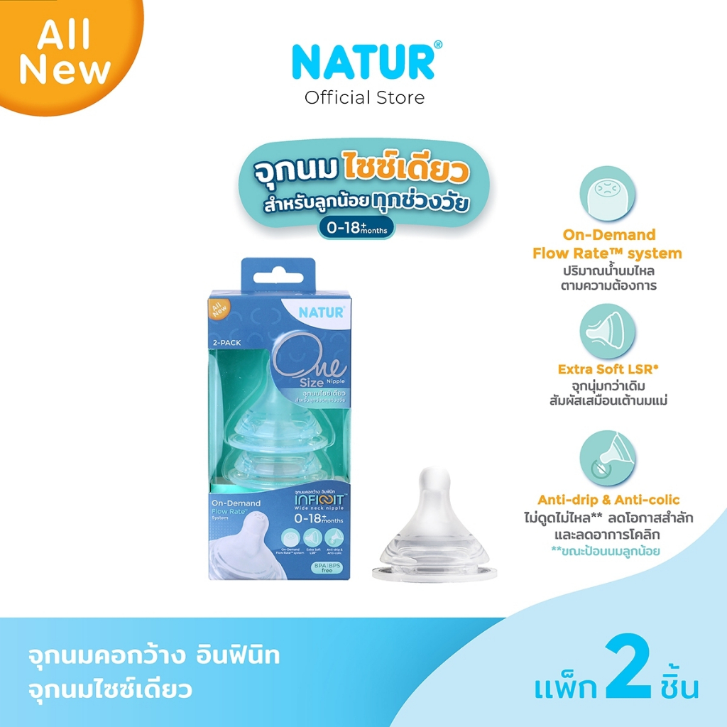 [NEW] NATUR เนเจอร์ INFINIT จุกนมอินฟินิท จุกนมเด็ก จุกนมไซซ์เดียว จุกนม ไม่ดูดไม่ไหล แพ็ก 2 (0-18M)
