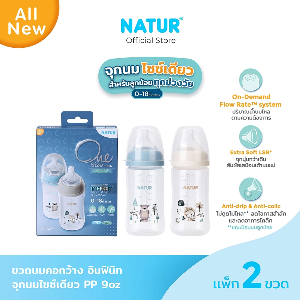 [NEW]NATUR เนเจอร์ INFINIT ขวดนมอินฟินิท ขวดนมเด็ก ขวดนม PP 9oz แพ็ก 2 (พิมพ์ลาย)