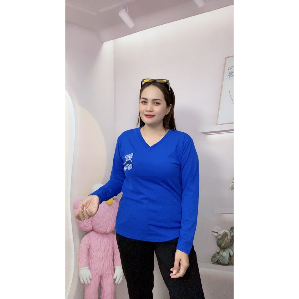 เสื้อแขนยาวผู้หญิง สีพื้นคอวี เสื้อยืดแฟชั่น ลายน่ารัก ฟรีไซส์38-42นิ้วใส่ได้ค่ะ  รุ่น1717 - รูปที่ 4