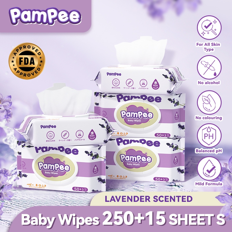 Pampee ทิชชู่เปียก 250+15แผ่น 5แพ็ค Baby wipes ปริมาณสุทธิ 50+3 แผ่น/ห่อ กลิ่นลาเวนเดอร์