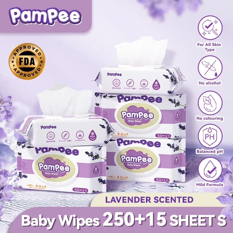 Pampee ทิชชู่เปียก 250+15แผ่น 5แพ็ค Baby wipes ปริมาณสุทธิ 50+3 แผ่น/ห่อ กลิ่นลาเวนเดอร์
