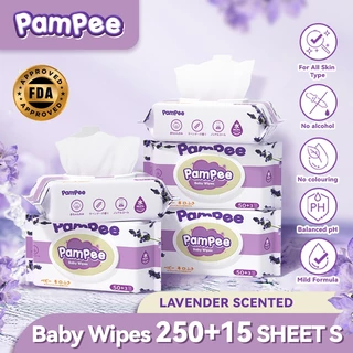 Pampee ทิชชู่เปียก 250+15แผ่น 5แพ็ค Baby wipes ปริมาณสุทธิ 50+3 แผ่น/ห่อ กลิ่นลาเวนเดอร์