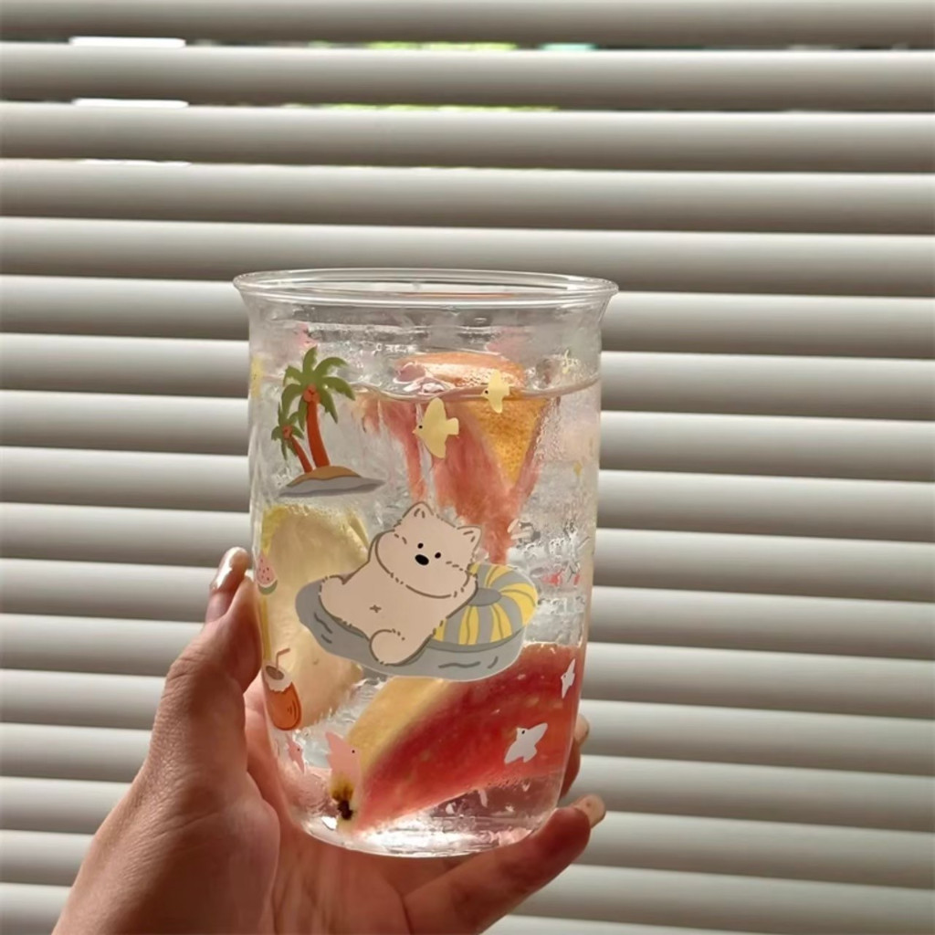 ส่งด่วน🌤️ แก้วน้ำ Happy Summer  แก้วใส น่ารัก แก้วกาแฟ มินิมอล แก้วพิมพ์ลาย คาเฟ่ 71031