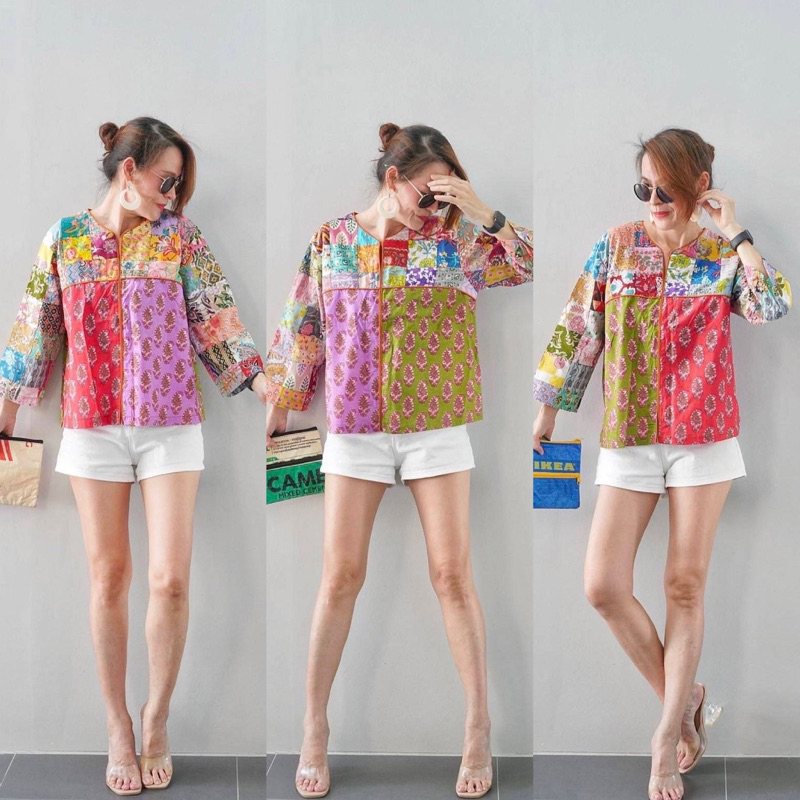 เสื้อคอตตอนอินเดียคอกลมวีหน้า แขนสามส่วน แต่งผ้าต่ออกและแขน ป้าย Perfect Style