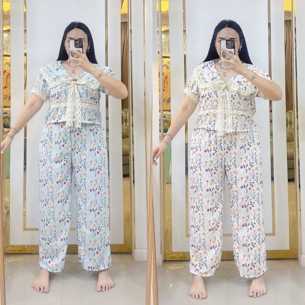 ชุดเซ็ทลายดอกสาวอวบ เสื้อแต่งลูกไม้ครีม + กางเกงขายาว อก 38-46"