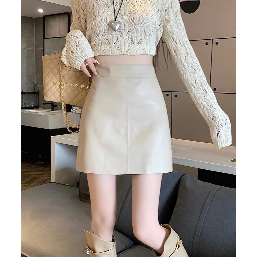 PX กระโปรงผู้หญิง กระโปรงหนังขาสั้น เอไลน์ ซิปหลัง มีซับในกางเกง สไตล์ไอดอลเกาหลี