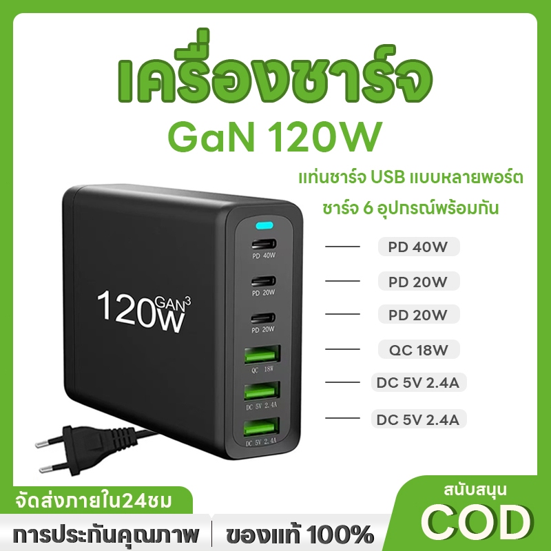 NEW!!ที่ชาร์จเดสก์ท็อป ที่ชาร์จเร็ว หัวชาร์จเร็ว หัวชาร์จ 120W GaN3 Pro USB C Charger 6-Ports Desktop Fast Charger
