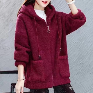 เสื้อกันหนาวผู้หญิงมีฮู้ด สีพื้น มีกระเป๋าด้านหน้า ผ้าสำลี ทรงใหญ่ หลวมใส่สบาย สไตล์เกาหลี มี 6 สีให้เลือก