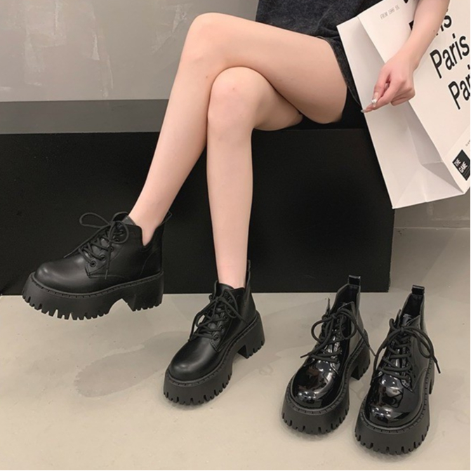 รองเท้าบูทมาร์ติน ส้นหนา ข้อสั้น สีดํา สไตล์เกาหลี ไซส์ 35-40