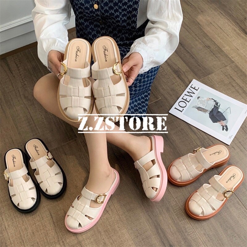 พร้อมส่งจากไทย【2402】รองเท้าส้นตึกแบบสวมแต่งลายสานพื้นหลากสีดูสุภาพเรียบร้อยน่ารักมากๆ