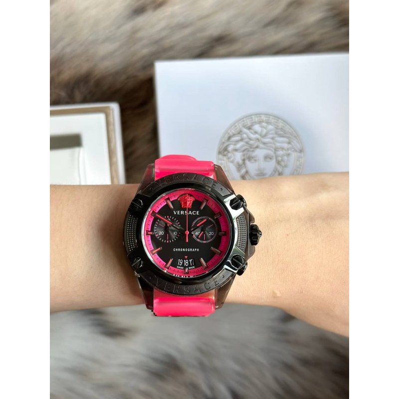 ⌚️Versace Icon Active Fuchsia Rubber Chronograph Black Dial Date Men Watch