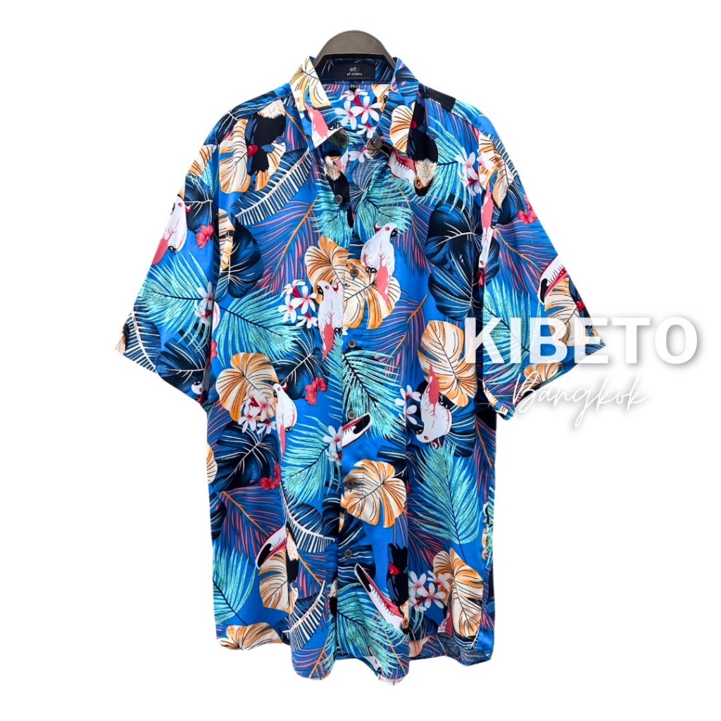 Kibeto เสื้อฮาวาย ลายใบไม้นกเงือก พื้นน้ำเงิน ผ้าสปันเรยอน เนื้อนิ่ม ใส่สบาย M L XL 2XL 3XL