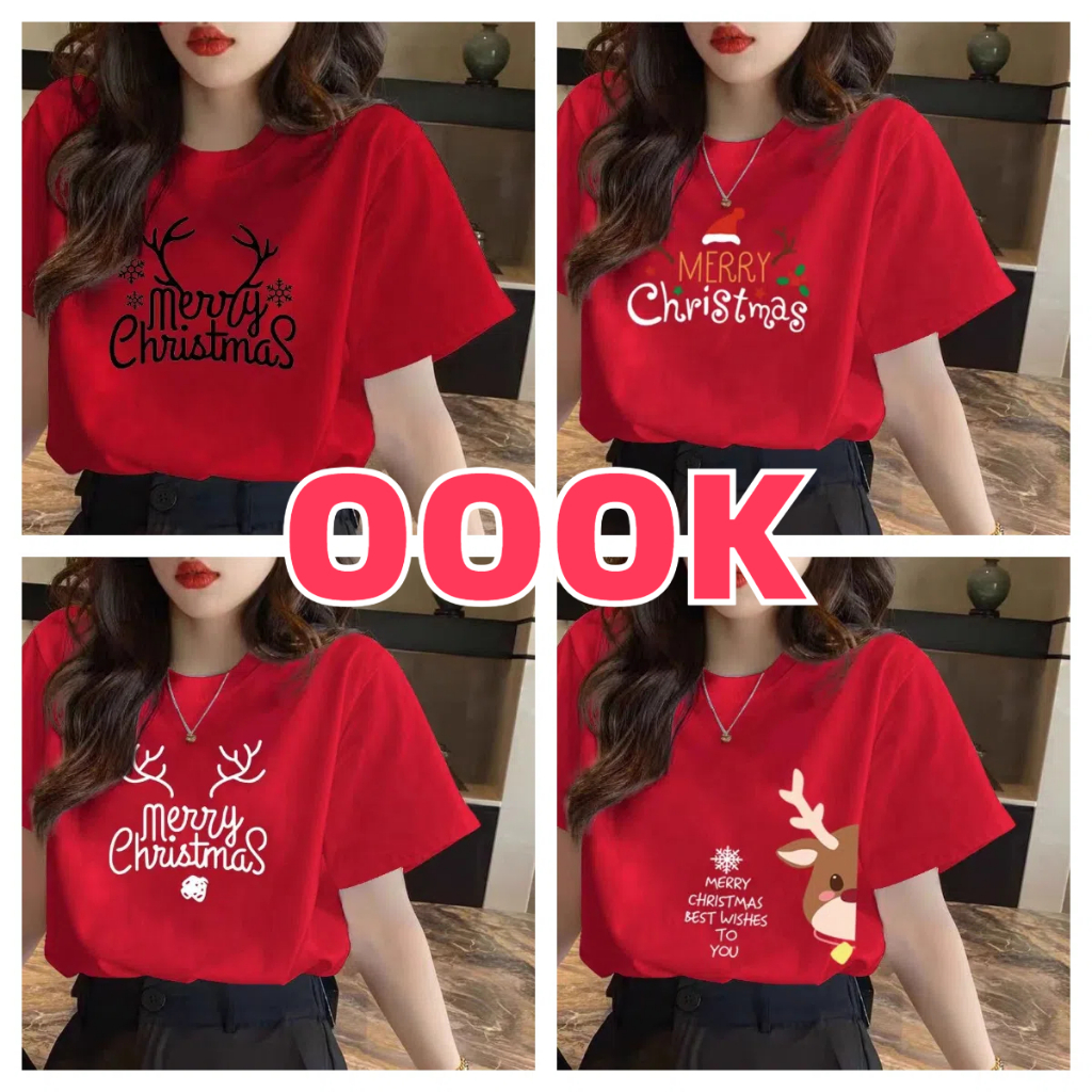 (จัดส่งตลอด 24 ชั่วโมง）OOOK Official เสื้อคริสมาสต์ Happy New Year & Merry Christmas ลายน่ารักๆ ผ้า Cotton