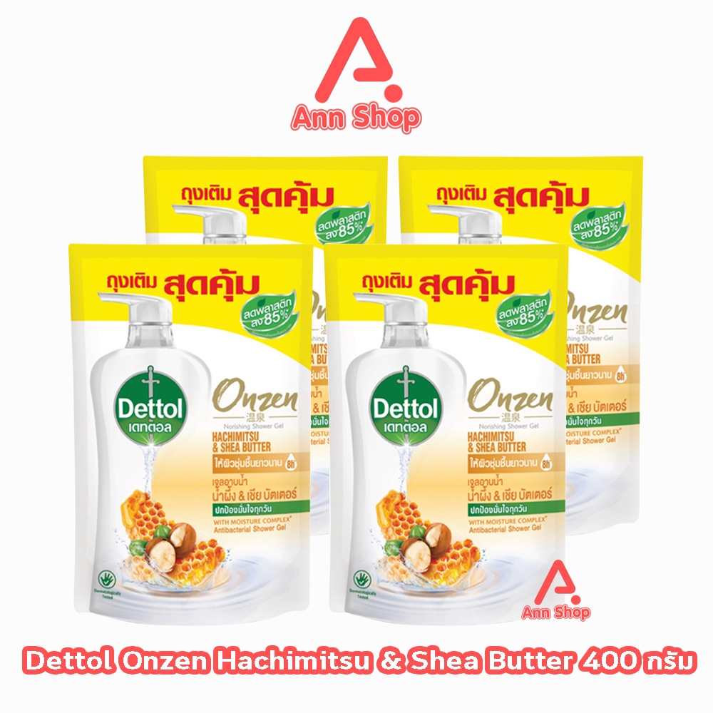 เดทตอล เจลอาบน้ำ น้ำผึ้ง เชีย บัตเตอร์ 400 มล. [4 ถุง] Dettol Onzen Hachimitsu Shea Butter ครีมอาบน้