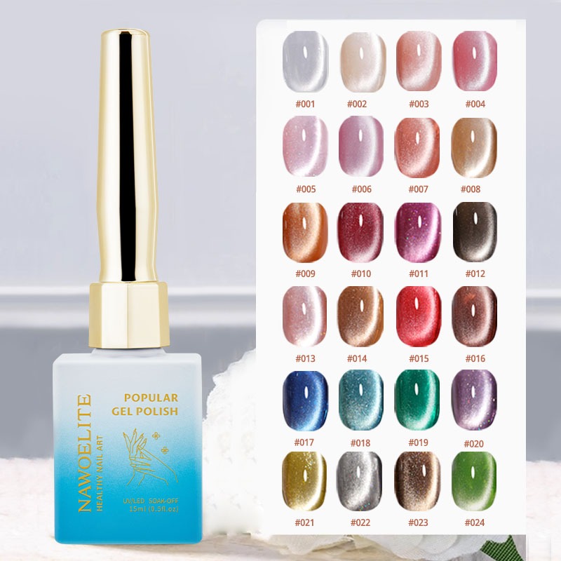 Nawoelite ยาทาเล็บเจลทาเล็บแมวตา 24 สี 15ml ลูกปัดแก้วแวววาวละเอียดเหมาะสำหรับร้านทำเล็บ