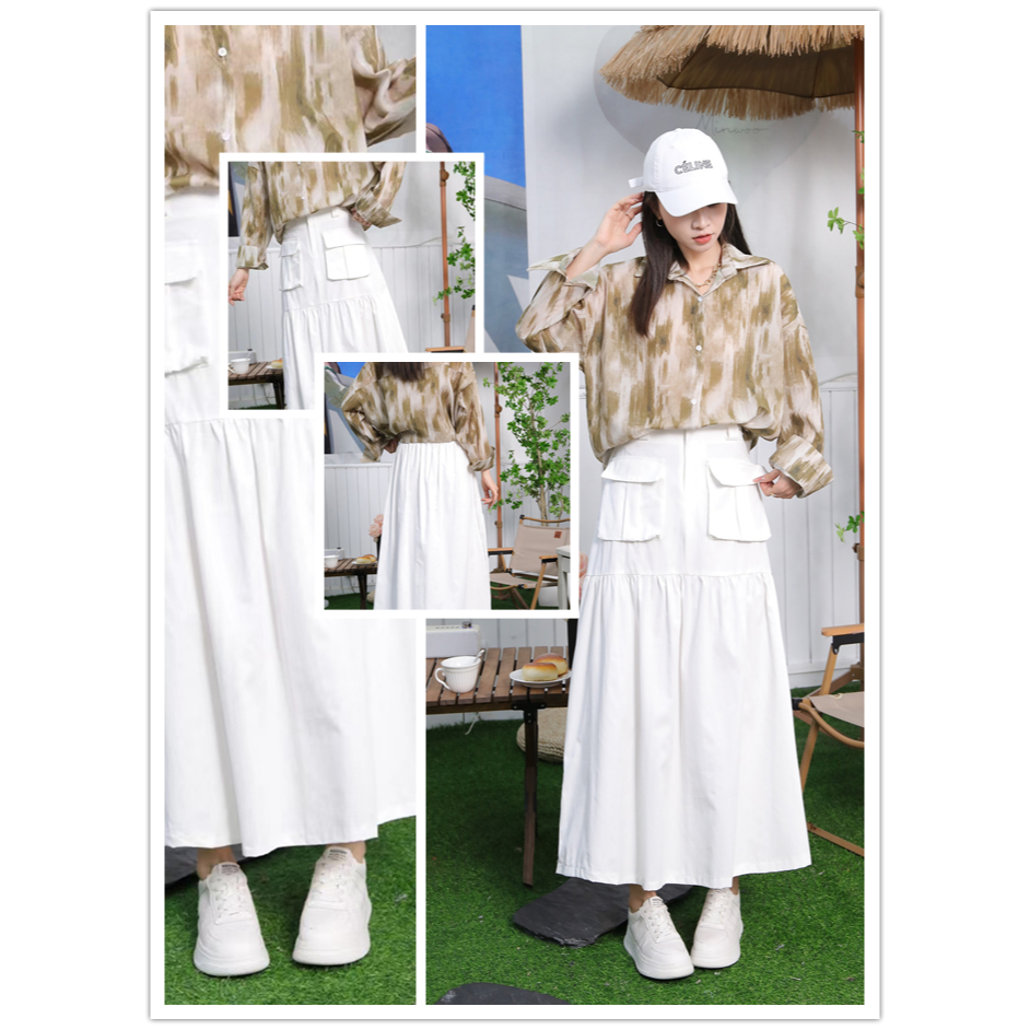 กระโปรงทรงเอ กระเป๋าหน้าทรงหลวม ซิปหน้า  แฟชั่นฤดูร้อน แบบใหม่ 559#