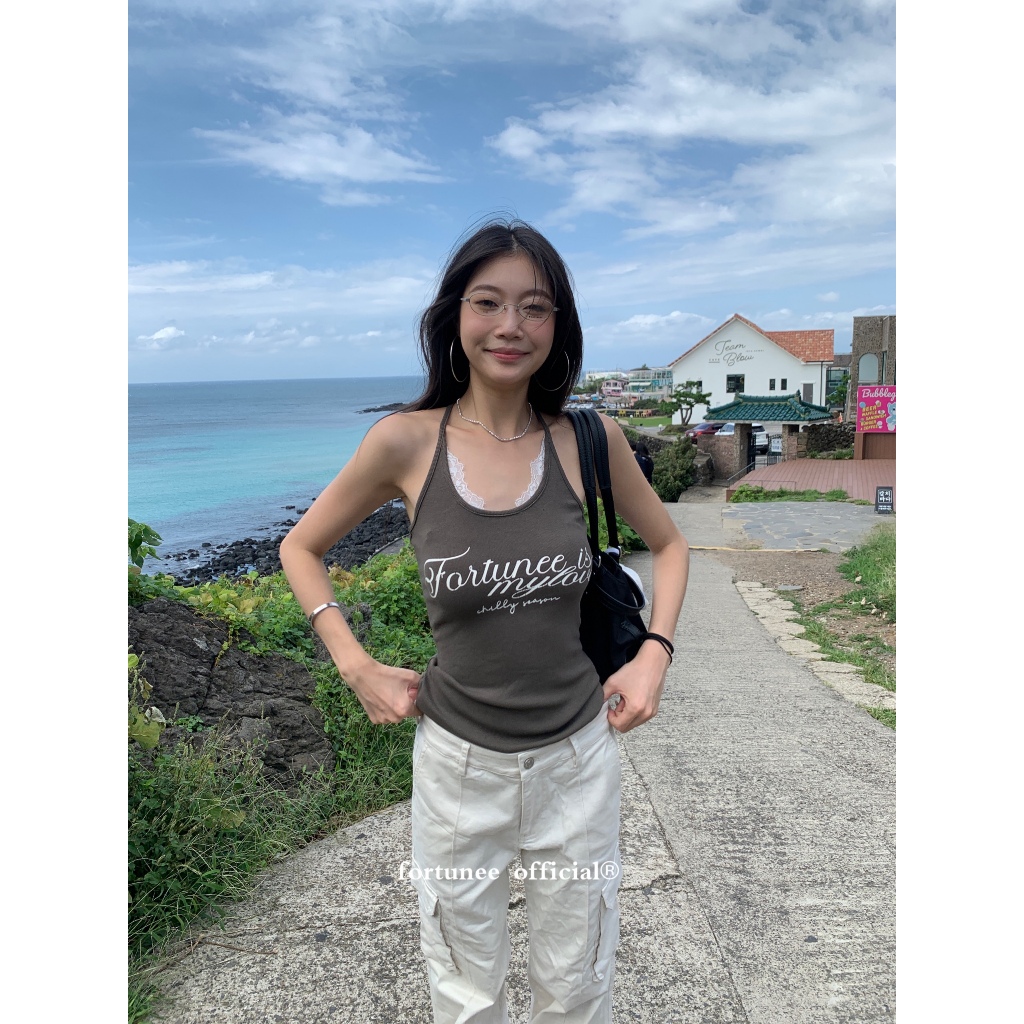 ❣Fortunee ❣ เสื้อกล้ามสายเดี่ยวพิมพ์ลายตัวอักษร สไตล์เซ็กซี่ เพิ่มลูกไม้หลัง กระชับเขารูป ใส่เป็นเสื้อตัวในหรือเดี่ยวก็ด