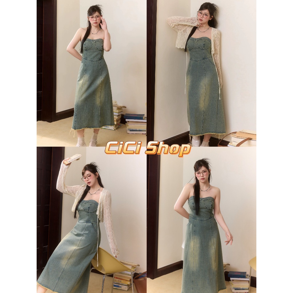 Cicishop(1548)ชุดเดรสเกาะอก กระโปรงยีนส์ ทรงสลิมฟิต เก็บเอว สไตล์เกาหลี
