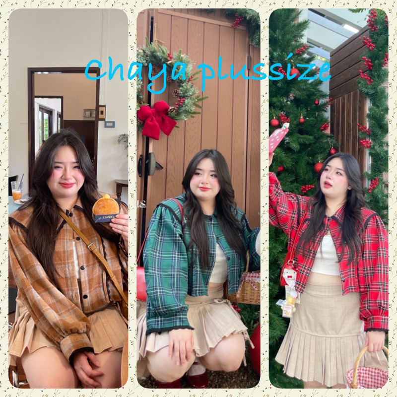 เสื้อครอปแขนยาวผ้าสก๊อต แต่งคอบัวลูกไม้ งานสาวน่ารัก