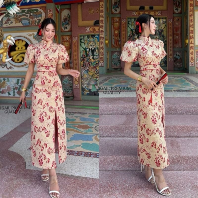 เดรสกี่เพ้า คอจีน ผ้าทอลายสวยๆซับอย่างดี
