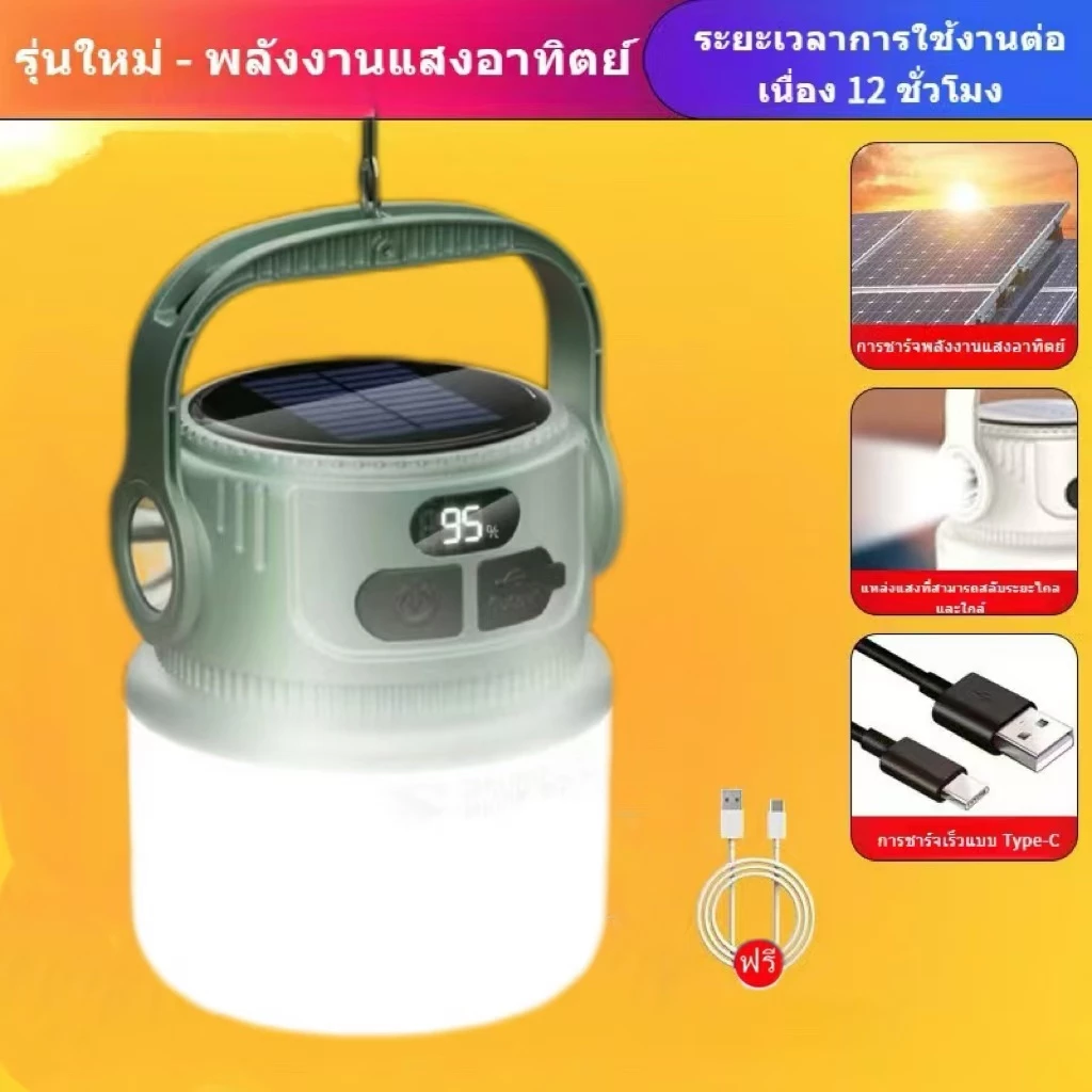 CRX [พร้อมส่ง] Smiling Shark LED Camping โคมไฟ 6 โหมดพลังงานแสงอาทิตย์ Type-c ชาร์จ Camping ไฟฉายตะขอกันน้ํากลางแจ้ง