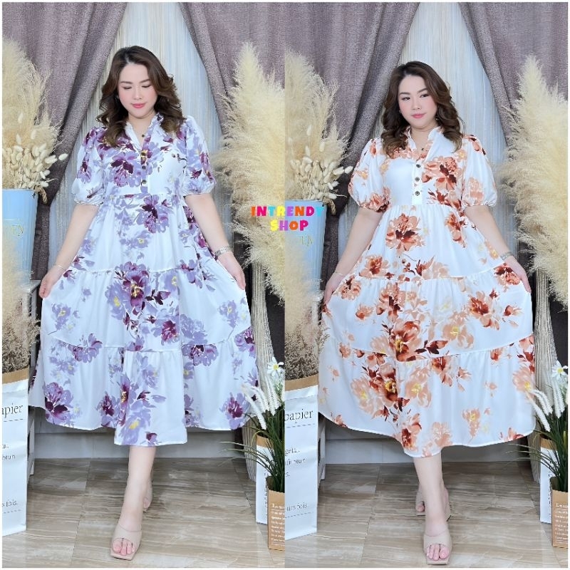 พร้อมส่ง.เดรสคอจีน ลายดอกสาวอวบ Free size:32 - 46 นิ้ว.เป็นผ้าไหมอิตาลี.