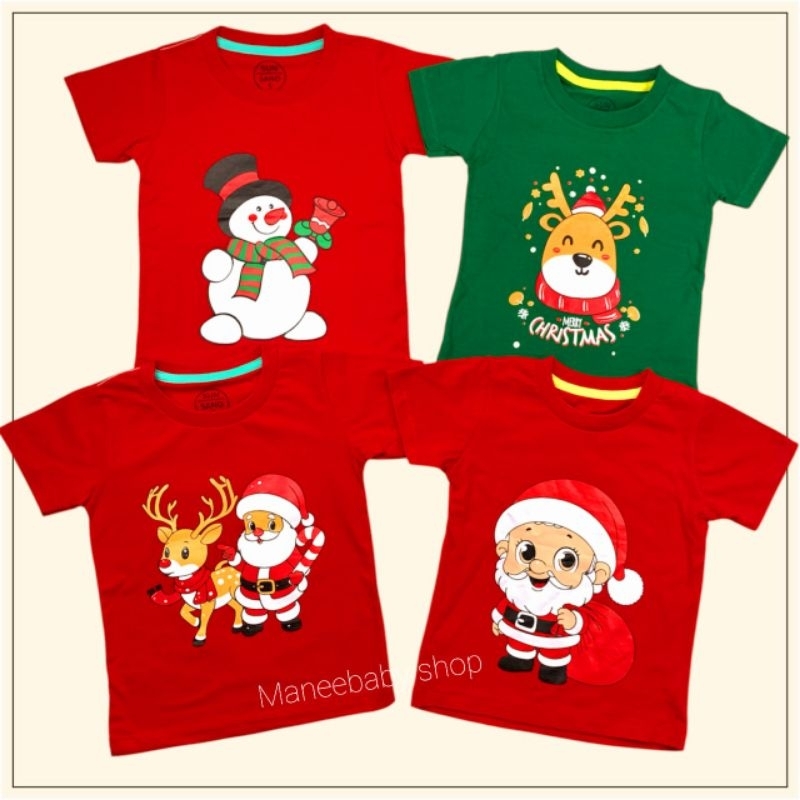 Merry christmas T-shirt เสื้อยืดเด็กคริสต์มาส สีแดง สีเขียว กวางเรนเดียร์ เซนตาครอส สโนว์เเมน ผ้าคอต